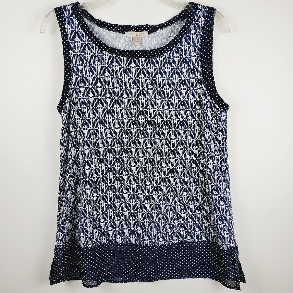 Roz & Ali Navy & White Sleeveless Top Polka Dot Trim Chiffon Border Sz M
